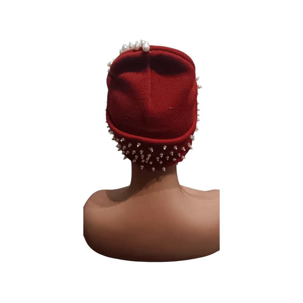 Red Burgundy Faux Pearl Hand Beaded Knit Cuffed Beanie Hat